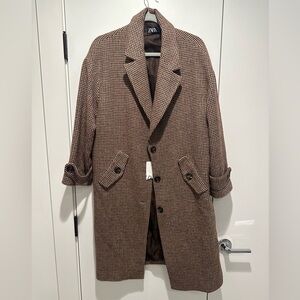 NEW Zara Wool Blend Houndstooth Oversized Coat Camel